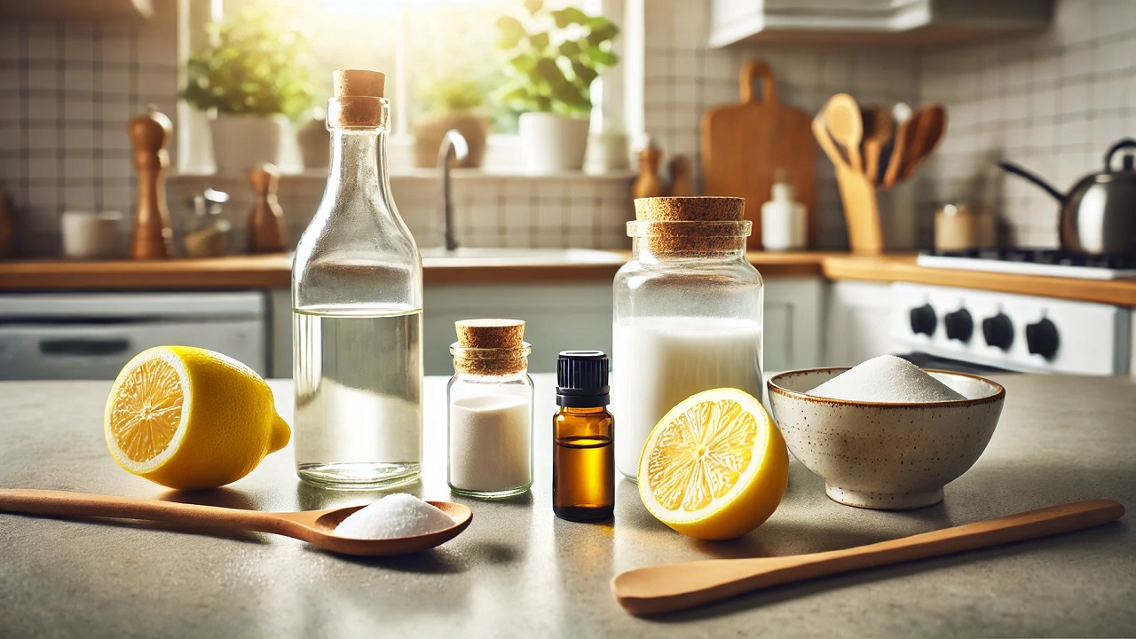 L'image montre des produits comme le vinaigre blanc, le bicarbonate de soude, un citron et des huiles essentielles, disposés sur un comptoir de cuisine