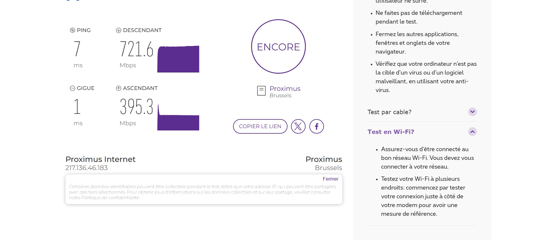 Résultat Speedtest Proximus via câble Ethernet : 721,6 Mbps en descendant et 395,3 Mbps en montant