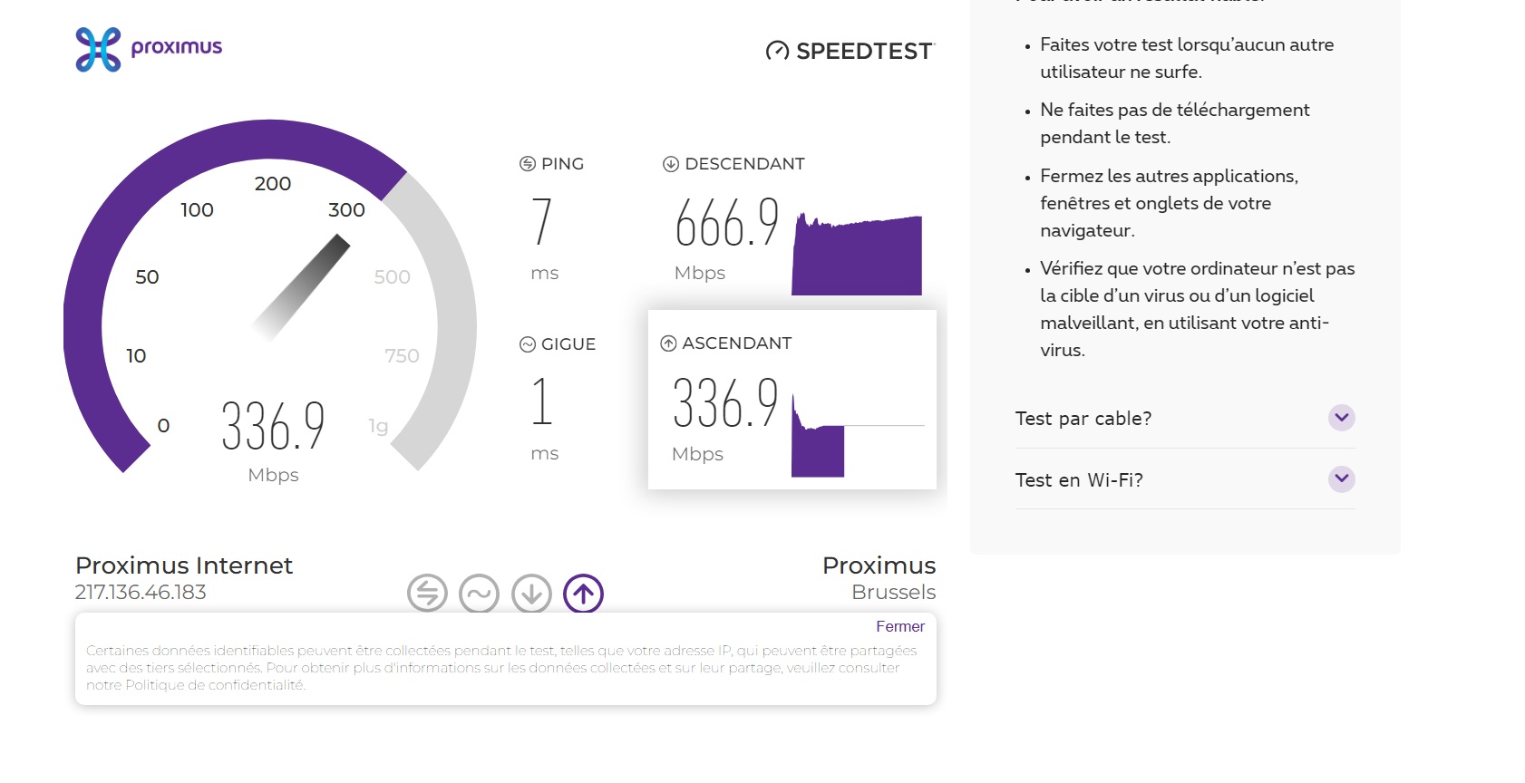 Test de débit Wi-Fi FRITZ!Repeater 6000 : 666,9 Mbps en descendant et 336,9 Mbps en montant