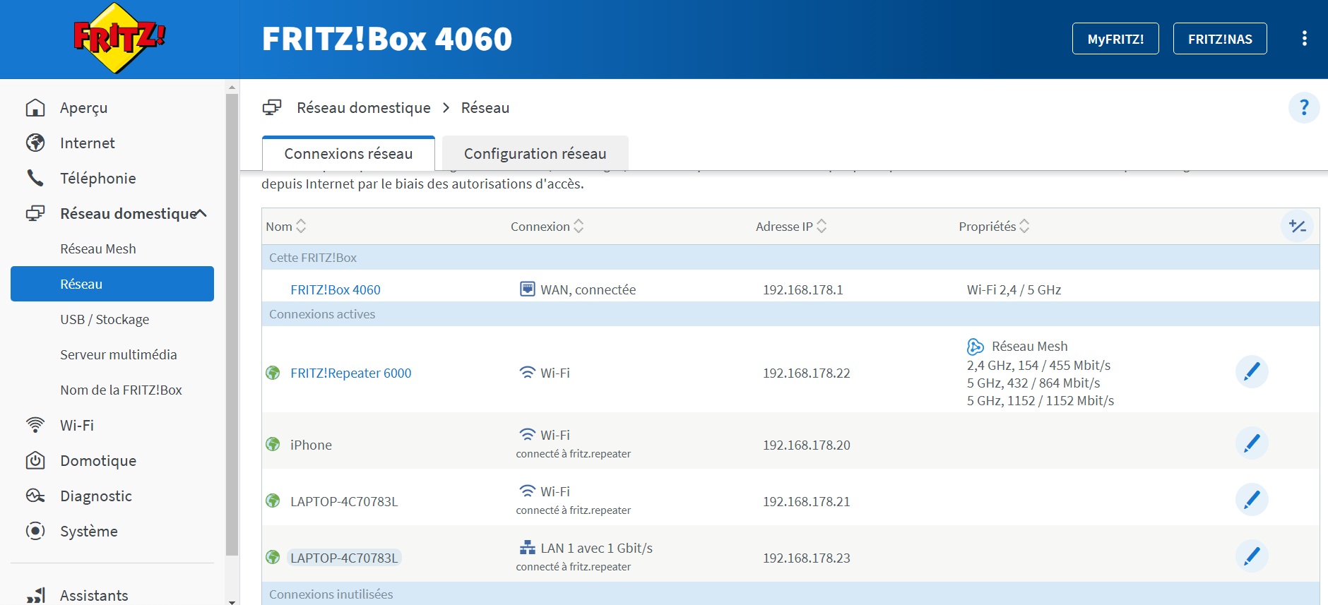 Interface FRITZ!Box 4060 – réseau Mesh actif avec FRITZ!Repeater 6000 et périphériques connectés
