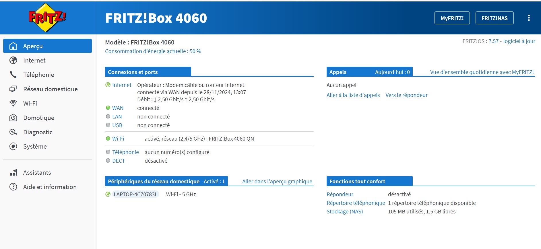 Aperçu des connexions réseau sur la FRITZ!Box 4060 – état du WAN, Wi-Fi et périphériques actifs