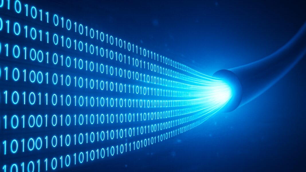 Illustration d'une fibre optique transmettant des données numériques à haute vitesse, symbolisée par des flux de chiffres binaires lumineux sur fond bleu